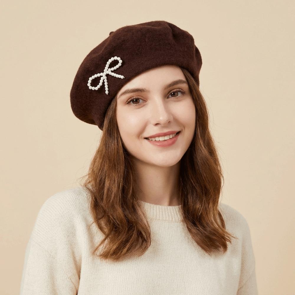 Pearl Wool Beret Knitted Beanie Cap Sweet Bow Beret Women