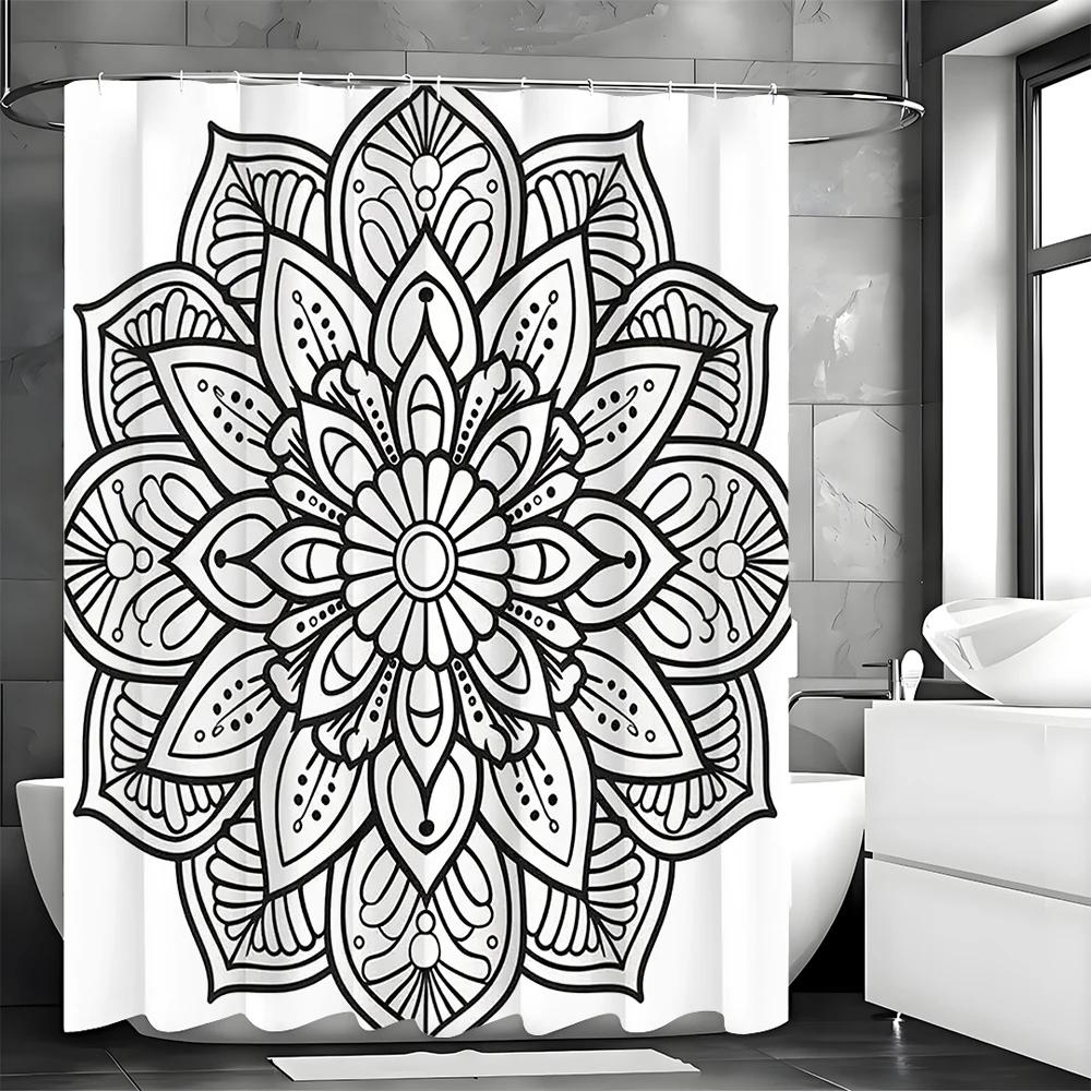 Black And White Mandala Shower Curtain, Bathroom Decorative Shower Curtain, Waterproof Shower Curtain With Hooks