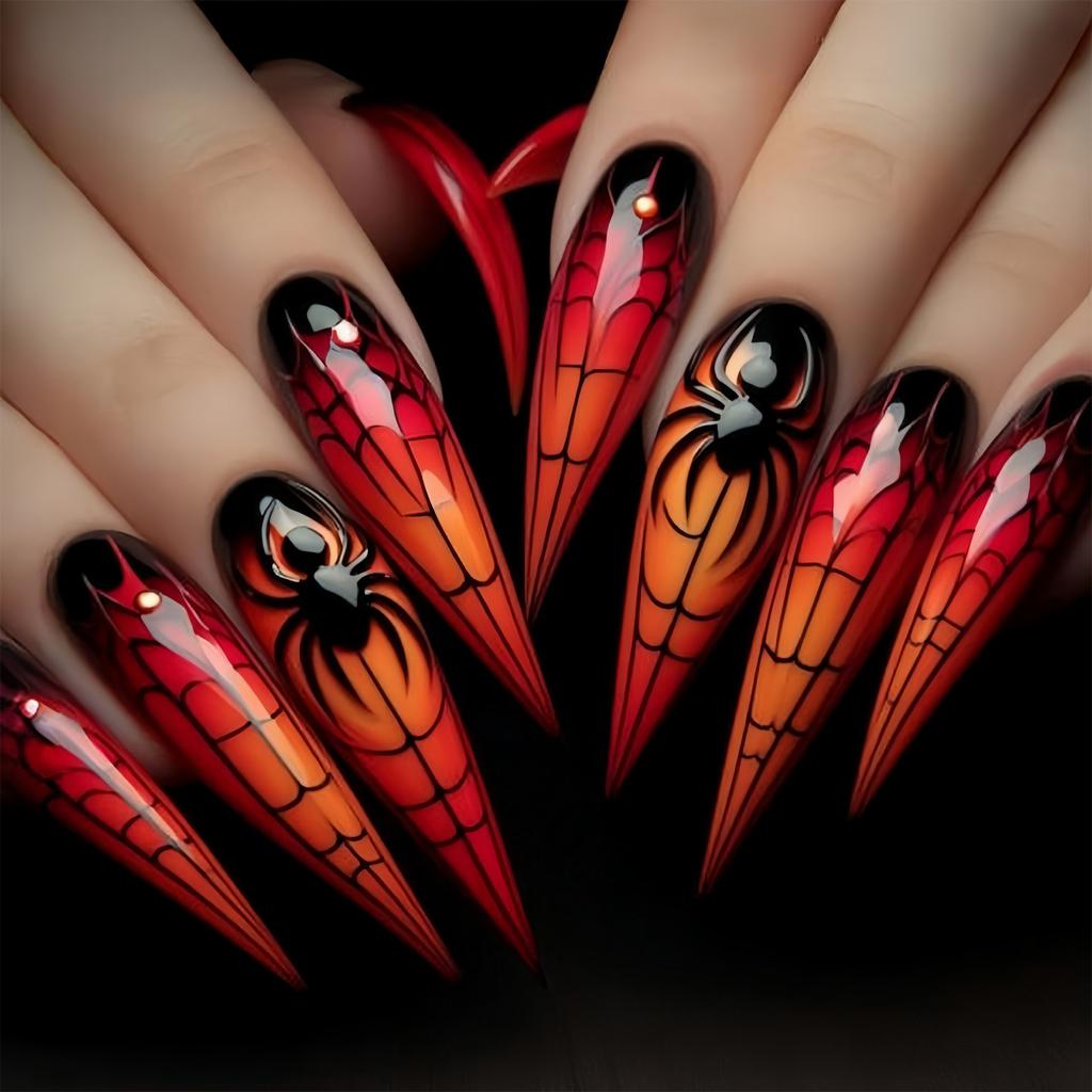 Long Almond Fake Nail Halloween Spiders Web Ghostly Design Lightweight ABS Artificial Nail For Parties Daily Wear