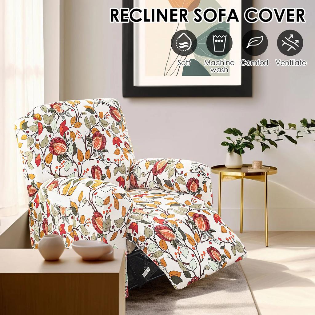 4Pcs Elastic Recliner Sofa Cover Printed Stretch Recliner Slipcovers with Side Pockets Non Slip Sofa Slipcovers for Living Room