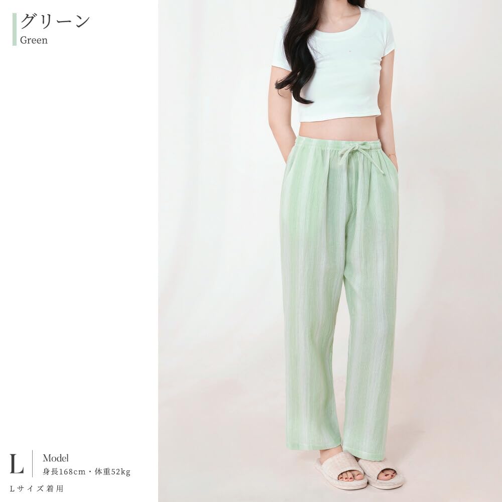 Yes Family Double Gauze Pajama Straight Striped Size Green Women's Pants, 100% Cotton, Fit, Pattern, M,