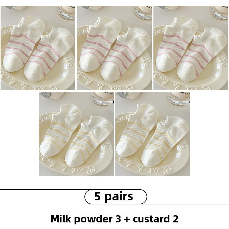 5 Pairs of Women's Spring and Summer Ultra Thin Cotton Striped Non Drop Heel Boneless Boat Socks