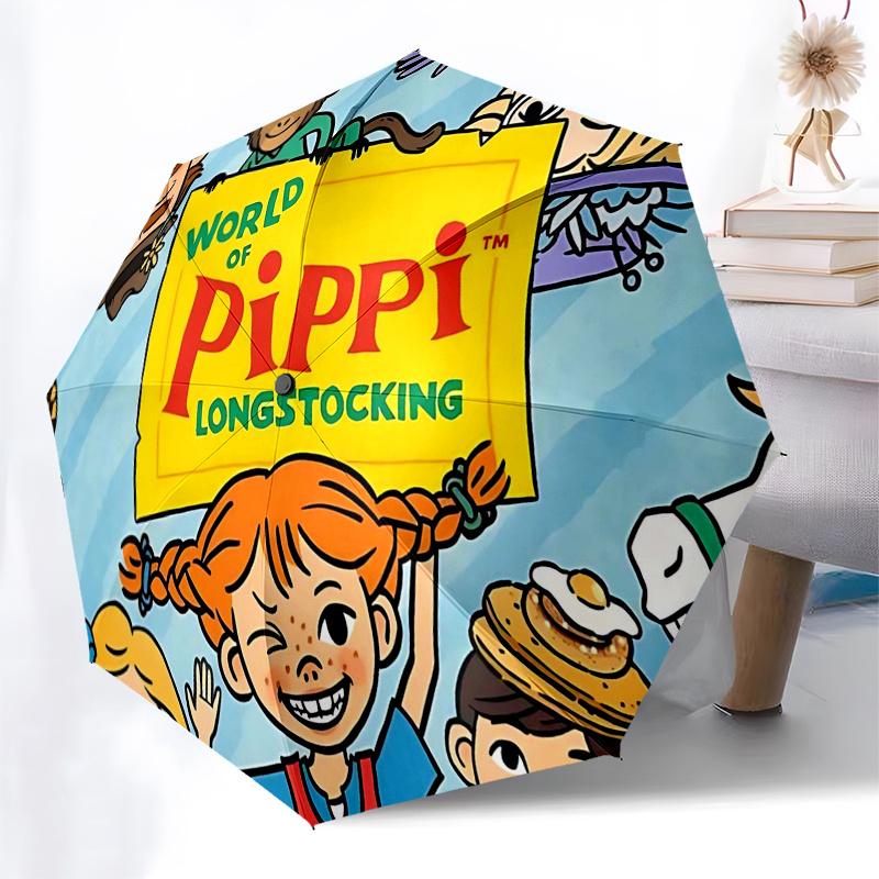 Pippi Langstrumpf Themen-ReiseregenSchirm - 8 Rippen, Automatisches Öffnen und Schließen, Tragbares FaltDesign, Kompakter und Stilvoller Schirm Geeignet