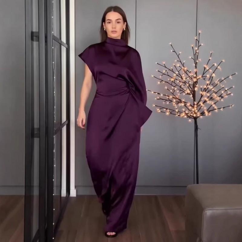 2026 Womens Elegant Slim Fit Satin Two-Piece Set Off Shoulder Top Long Pants Outfit