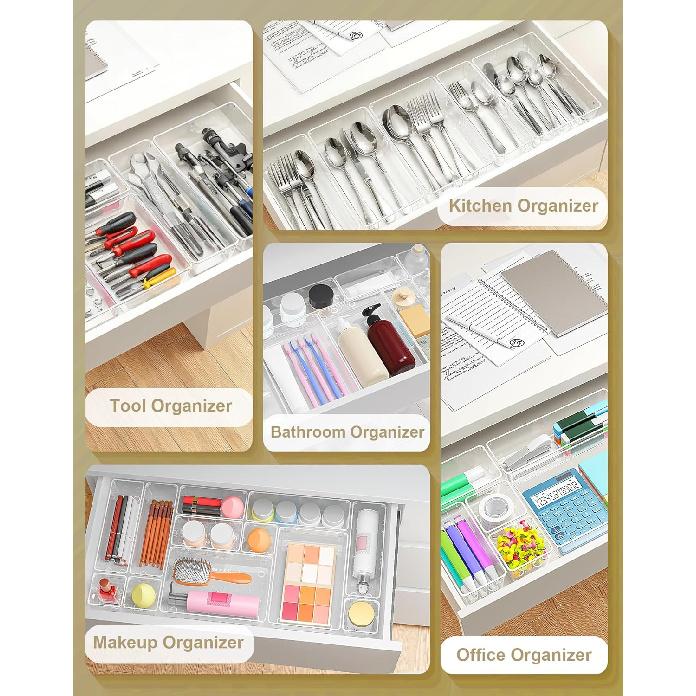 15Pcs Clear Plastic Drawer Organizers Set, 4size Makeup Drawer Organizer Trays for Vanity/desk/bathroom/office/nightstand/gadgets for Kitchen/desk