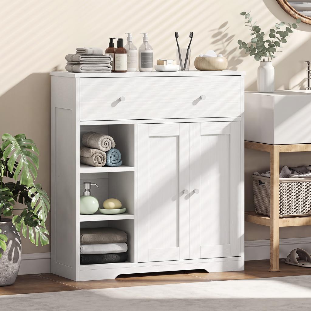 Bathroom Cabinet with 1 Drawer, 2 Doors, 3 Open Compartments, Scandinavian Style, 80x30x80.2cm, White
