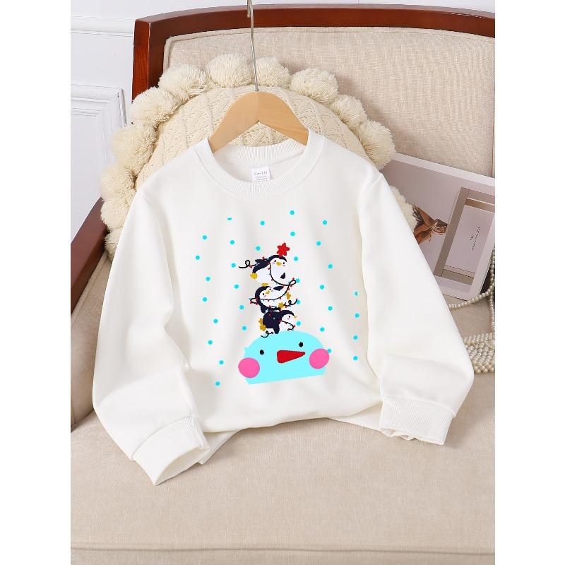 Girls Soft Crewneck SweatshirtCute Penguins On Snowman Winter Print with Cute Creative Print, Casual All-Match for Fall Winter, Ideal Holiday Present