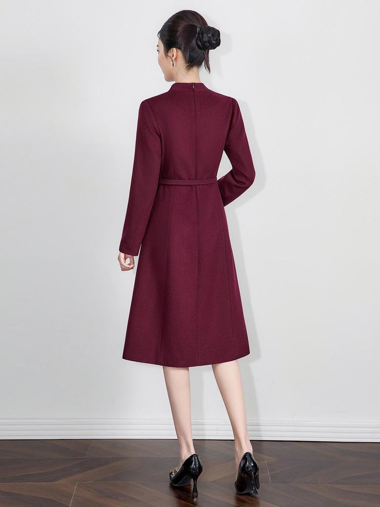Elegant Woolen Skirted Dress with Waist-Cinch for Autumn/Winter