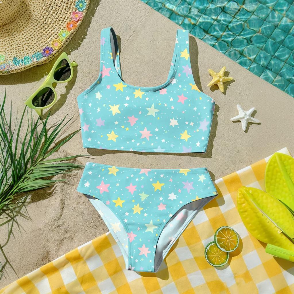 Girls Two Piece Swimsuit Set Tankini Top and Bottom Star Print Summer Beach Swimwear for Kids Lightweight Comfortable Fit