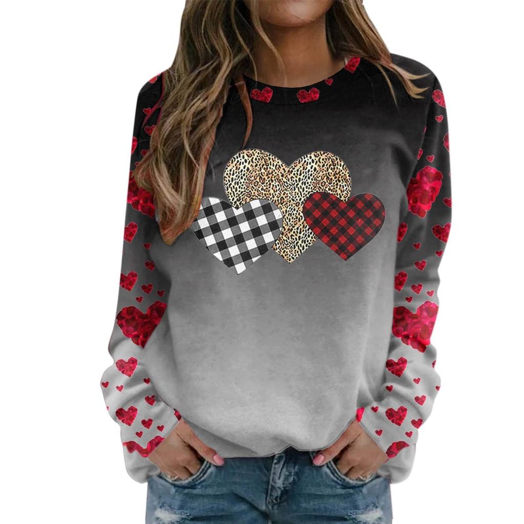 Women's Casual Round Neck Long Sleeve Pullover Valentine's Day Printed T-shirt Top