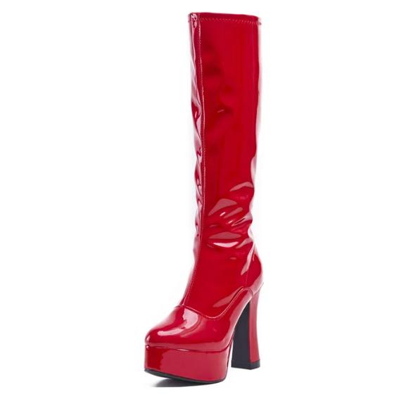 Fashion FHC Women Retro GoGo Knee High Boots,Unisex Stage Cosplay Shoes,Man Fetish Botas,12cm Chunky Heel,Side Zip,Black,Red,Pink,White