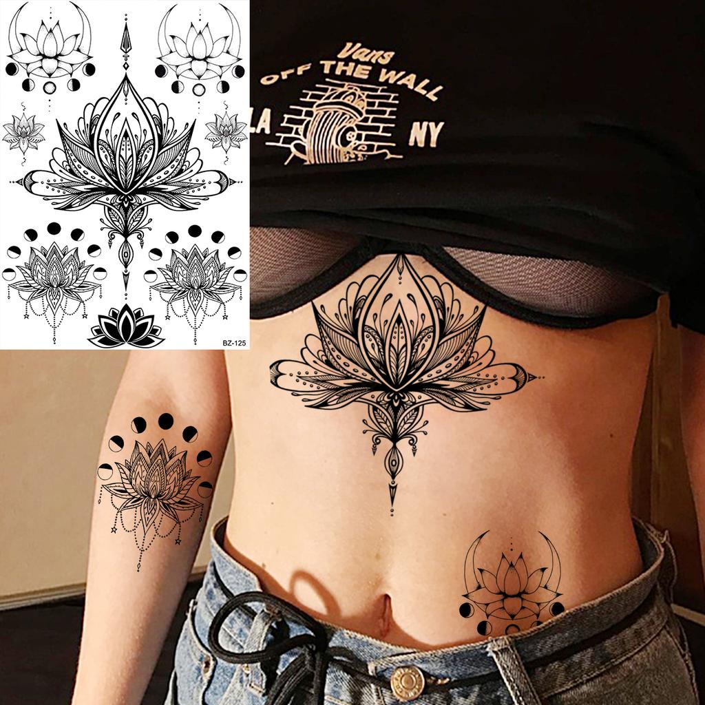 Lotus Henna Mandala Chest Temporary Tattoos For Women Underboob Adult Butterfly Turtle Lion Fake Tattoo Sexy Waterproof Tatoos