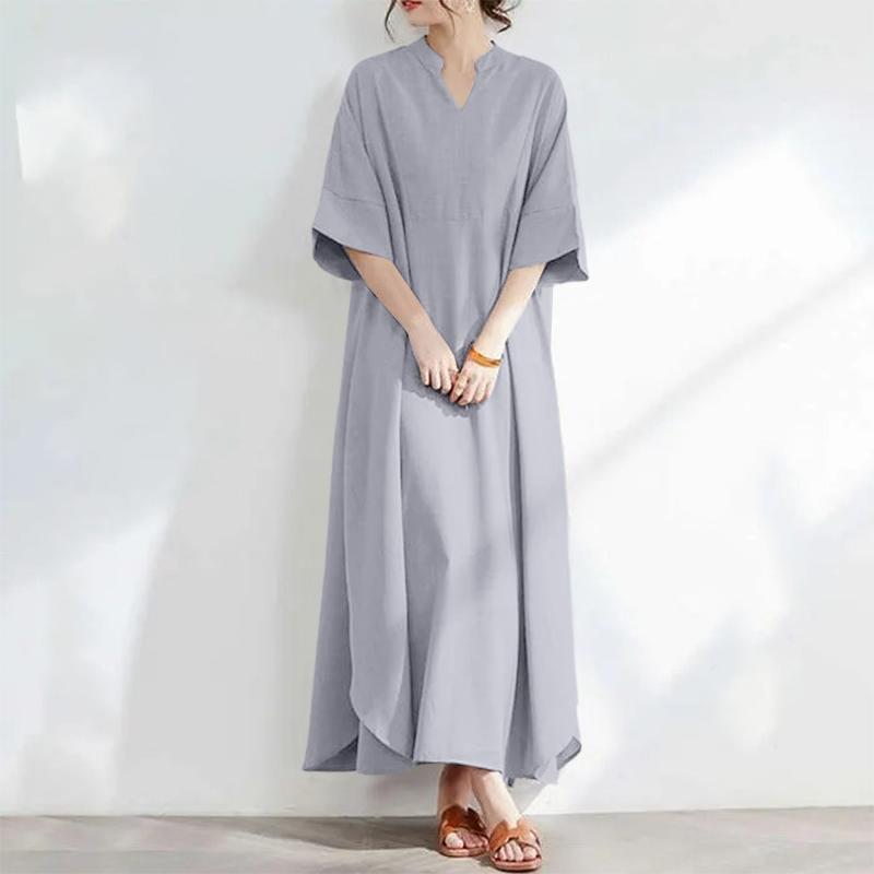 ZANZEA Women Casual V-Neck Summer Loose Short Sleeve Long Dress