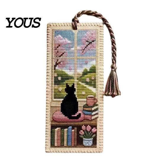 Retro Bookmark DIY Stitch Kit for Adults Beginners, Seasonal Cat Reading Accessory Handmade Embroidery Kit, Gifts Lovers, Readers Artistic