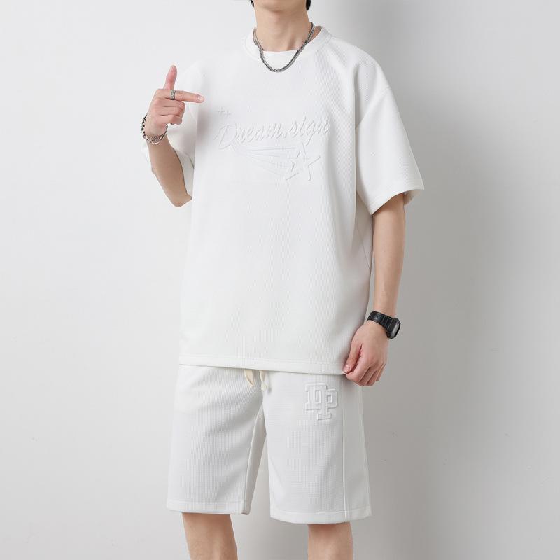 Souprava šortek s kulatým výstřihem Volný ležérní Jednobarevný Pánské tričko s krátkým rukávem Šortky Tenké