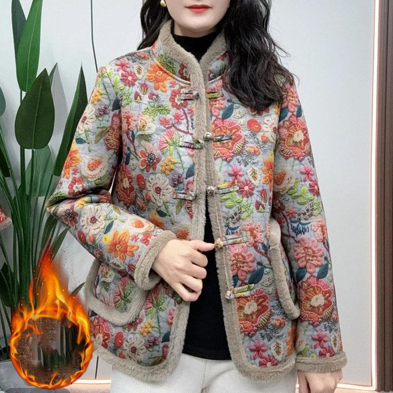 

Осенне-зимнее хлопковое пальто с цветочным принтом для женщин, флисовая теплая куртка, парка, длинный рукав, однобортный дизайн, ветрозащитная верхняя одежда XXL