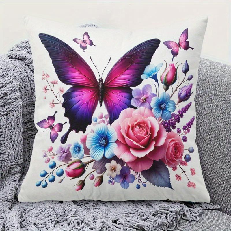 One Cushion Cover Featuring Butterflies And Flowers, Printed with a Festive Theme, Equipped with a Hidden Zipper, Suitable for Sofas, Living Rooms, Of