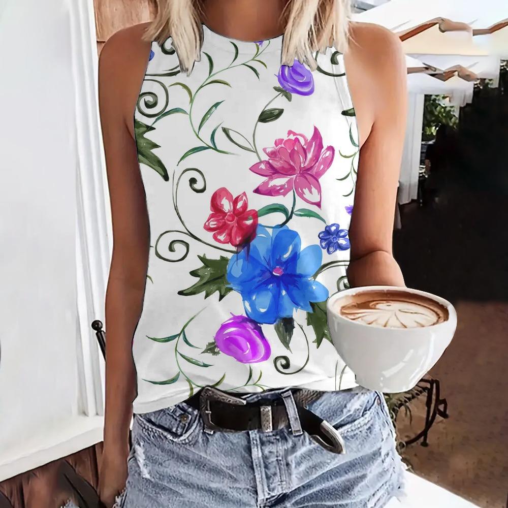 Módní letní květinové 3D potisk tílka dámské Harajuku streetwear nadměrné O-výstřih vesta bez rukávů s odhalenými rameny dámské tílko
