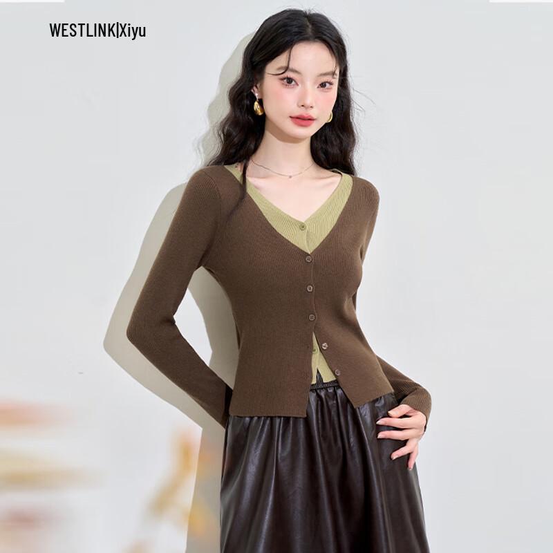 

Xiyu Women s Retro Faux Two-Piece Color Block V-Neck Knit Top L