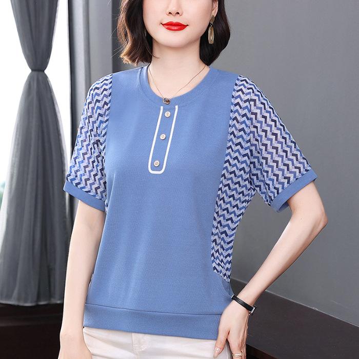 

Футболка с короткими рукавами для женщин, новый стиль летнего платья для мам, модная свободная футболка большого размера для женщин среднего возраста, уменьшающая возраст 4XL синий