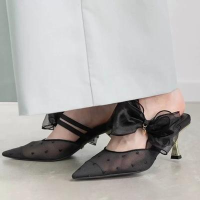 Bow Mesh Pointed Toe High Heel Slippers Summer New Stiletto Versatile Non-slip Wrapped Toe Stiletto Sandals