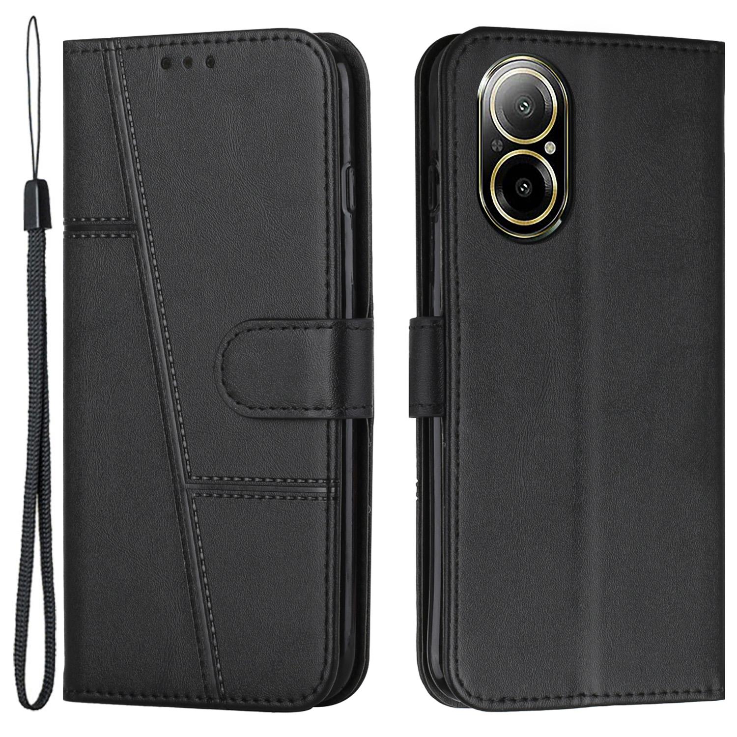 

For Realme C67 4G Case Stitiching PU Leather Wallet Shockproof Phone Cover Black