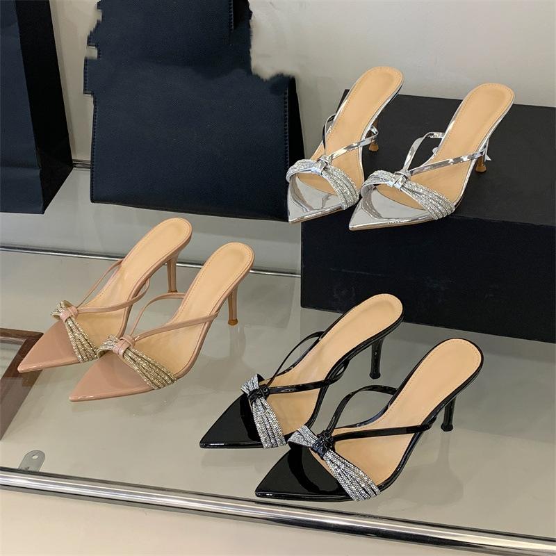 Summer Women's High-heeled Sandals, One-strap High-heeled Slippers, Pointed Toe, Rhinestone, Open-toe Slippers.
