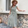 New summer print slim dress green retro dress