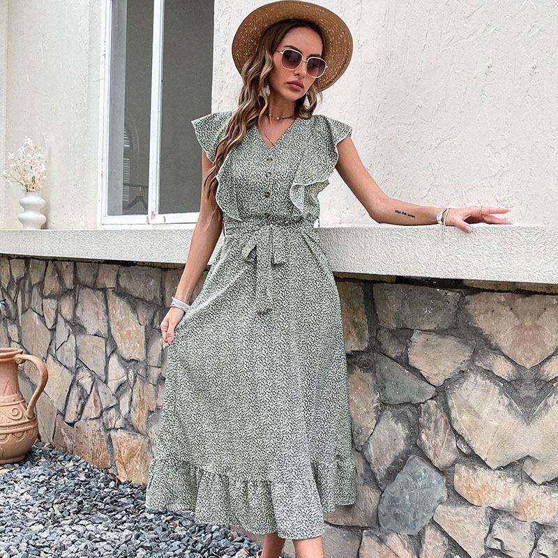 New summer print slim dress green retro dress