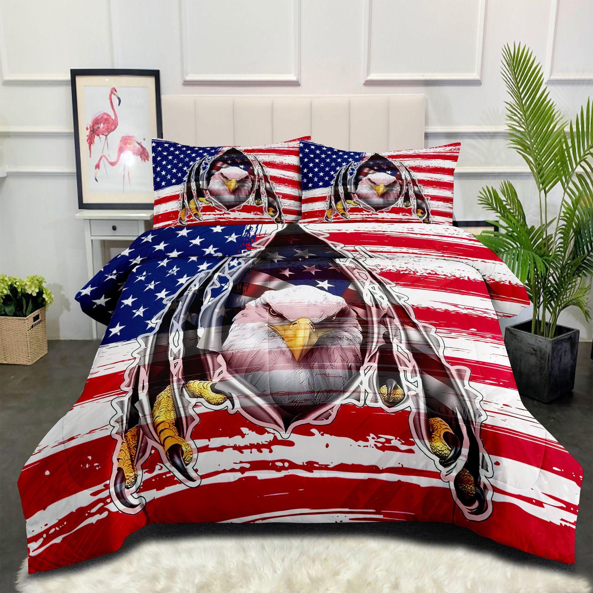 

Independence Day Red, White, and Blue Flag Totem Eagle Feather Silk Cotton Quilt and Duvet Cover Three-piece Set 140*200cm