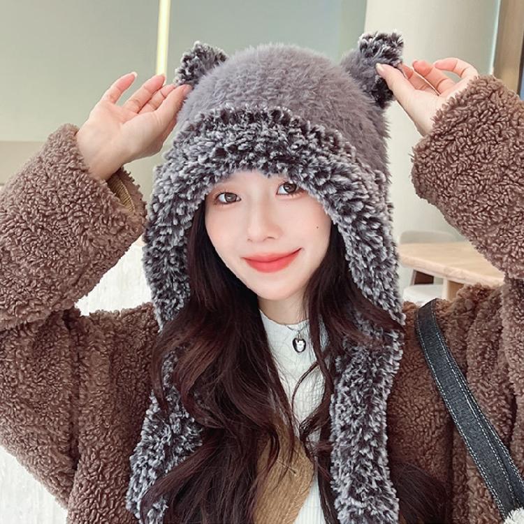Thicken Windproof Beanie Plush Cute Bear Ear Shape Trapper Hat for Adult Teens