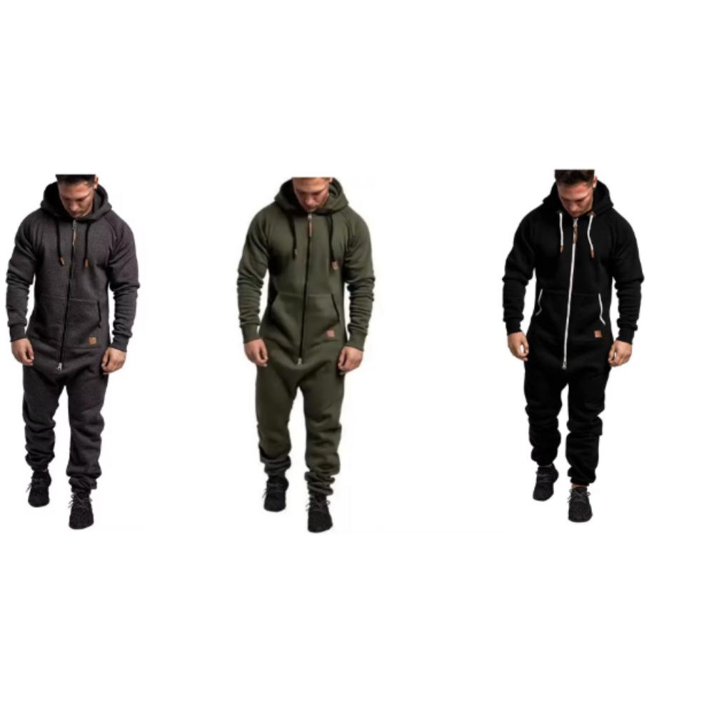 Winter Men's Hooded Fleece Jumpsuit with Solid Color and Color Blocking Casual Workwear Set for Men