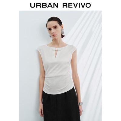 UR 2025 Herbst Damen Freizeit T-Shirt mit Schleife und Falten Ärmellos UWG450158