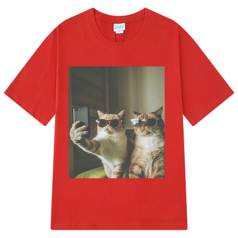2026 Summer Cotton Tee Selfie Cool Cats Funny Meme Graphic Unisex Women Plus Size Loose Casual Hip Hop Streetwear Breathable Top
