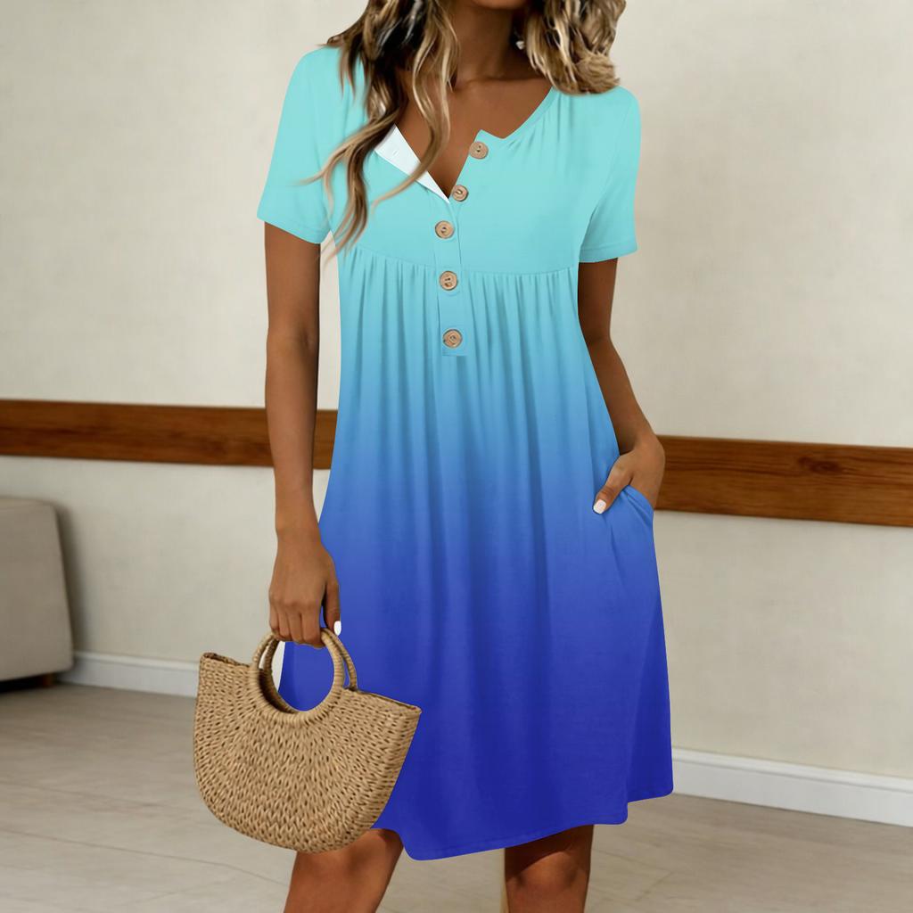 Women's Fashion Gradient Color Printed Round Neck Short Sleeve Button Neck  Casual Dress