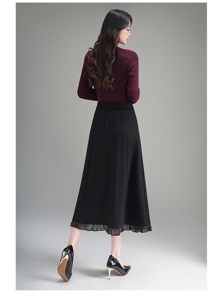 2026 Spring Elegant High Waist A-Line Midi Skirt with Wood Ear Lace Patchwork
