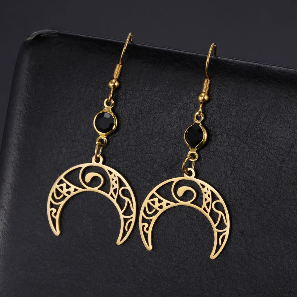 Witch Knot Moon Earrings Stainless Steel Black Birthstone Drop Earrings for Women Celtics Knot Lucky Irish Amulet Wiccan Jewelry