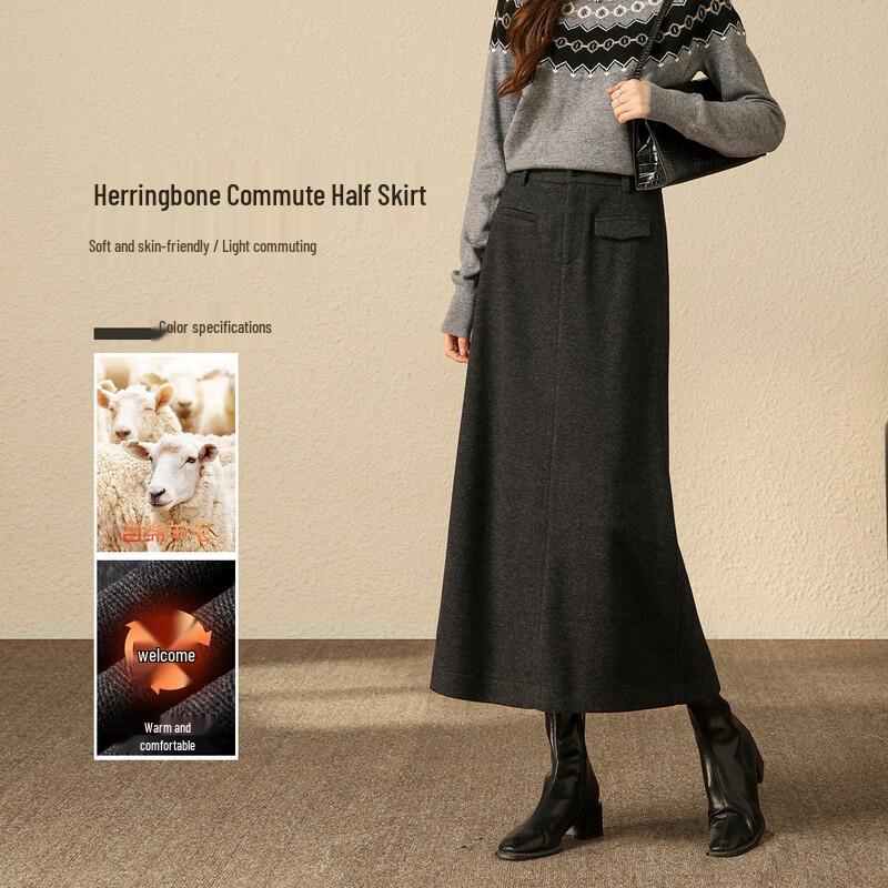 Hstyle Wool Blend Herringbone Commuter Midi Skirt M