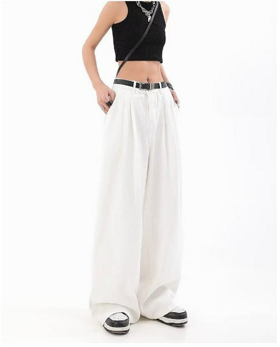Hong Kong Retro White Wide-Leg High-Waist Women's Jeans for Summer