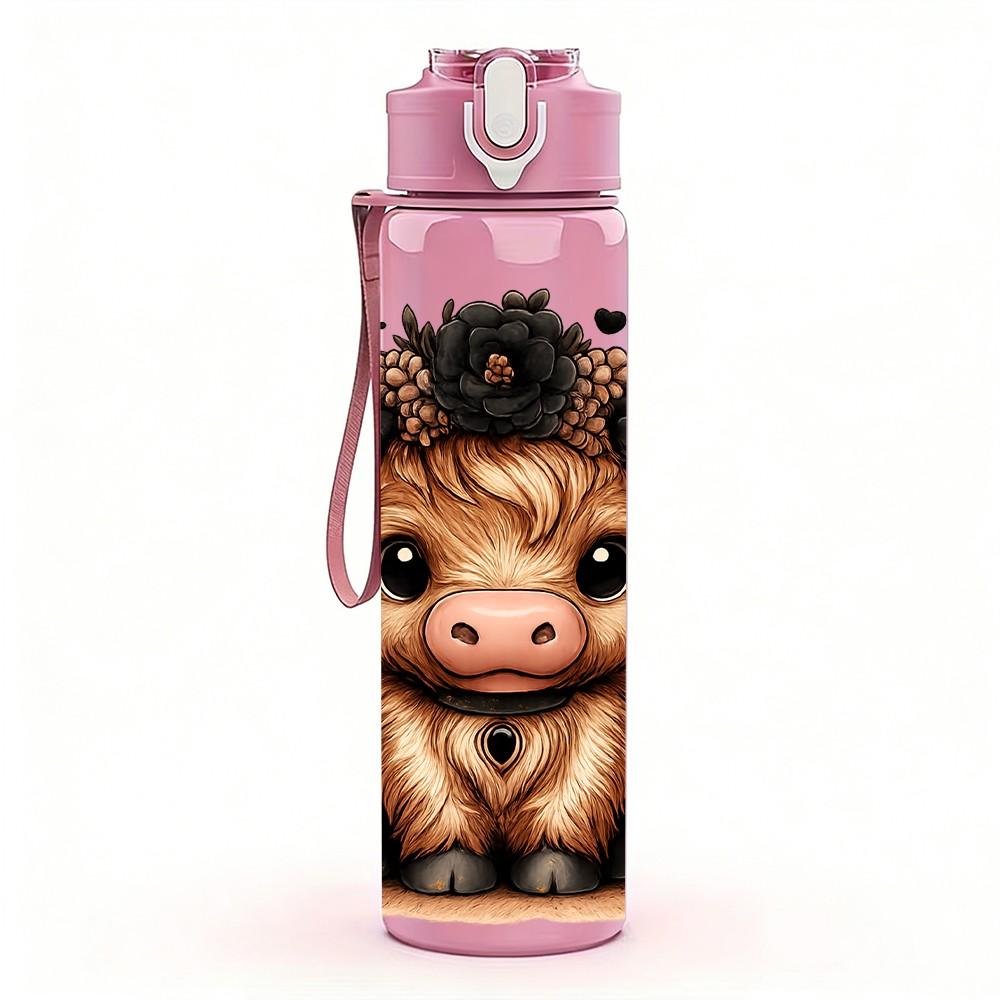 1PC Fluffy Highland Cow Art 750ml Color Plastic Sports Water Bottle Leakproof Flip Straw Lid Suitable for Sports Office Home Use