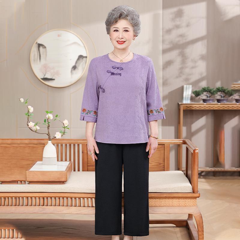 

Retro Embroidered Cotton-Linen Suit for Middle-Aged & Elderly Women - Two-Piece Summer Outfit 3XL (Recommended 110-125 Jin)