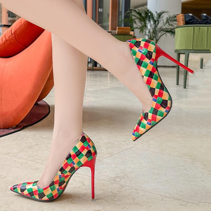 Fashion Fashion Geometry Plaid Printed Patent leather Women Pumps Elegant Pointed toe Stiletto High Heels Spring Autumn Office Lady Shoe
