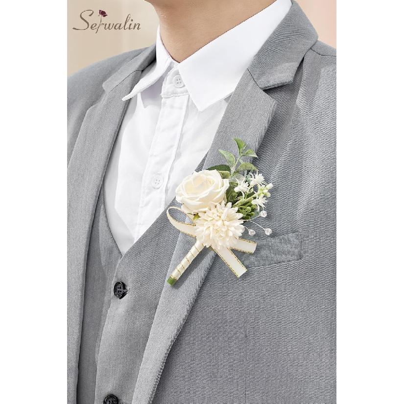 Serwalin 2 Pcs White Boutonniere for Men, Groom Groomsmen Best Man Guest Boutonnieres, Artificial Flowers Silk Rose for Wedding Prom Ceremony