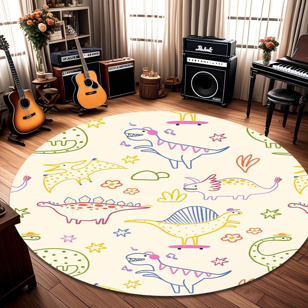 Cute Playful Round Cartoon Dinosaur Theme Kids Decor Rug for Kids' Playroom Nursery Living Room Home Decor Soft Non Slip Durable