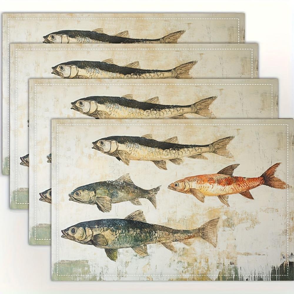 4pcs Vintage Fish Placemats Watercolor Illustration Beige Background Washable Polyester Table Mats for Dining Kitchen Home Decor 4PCS