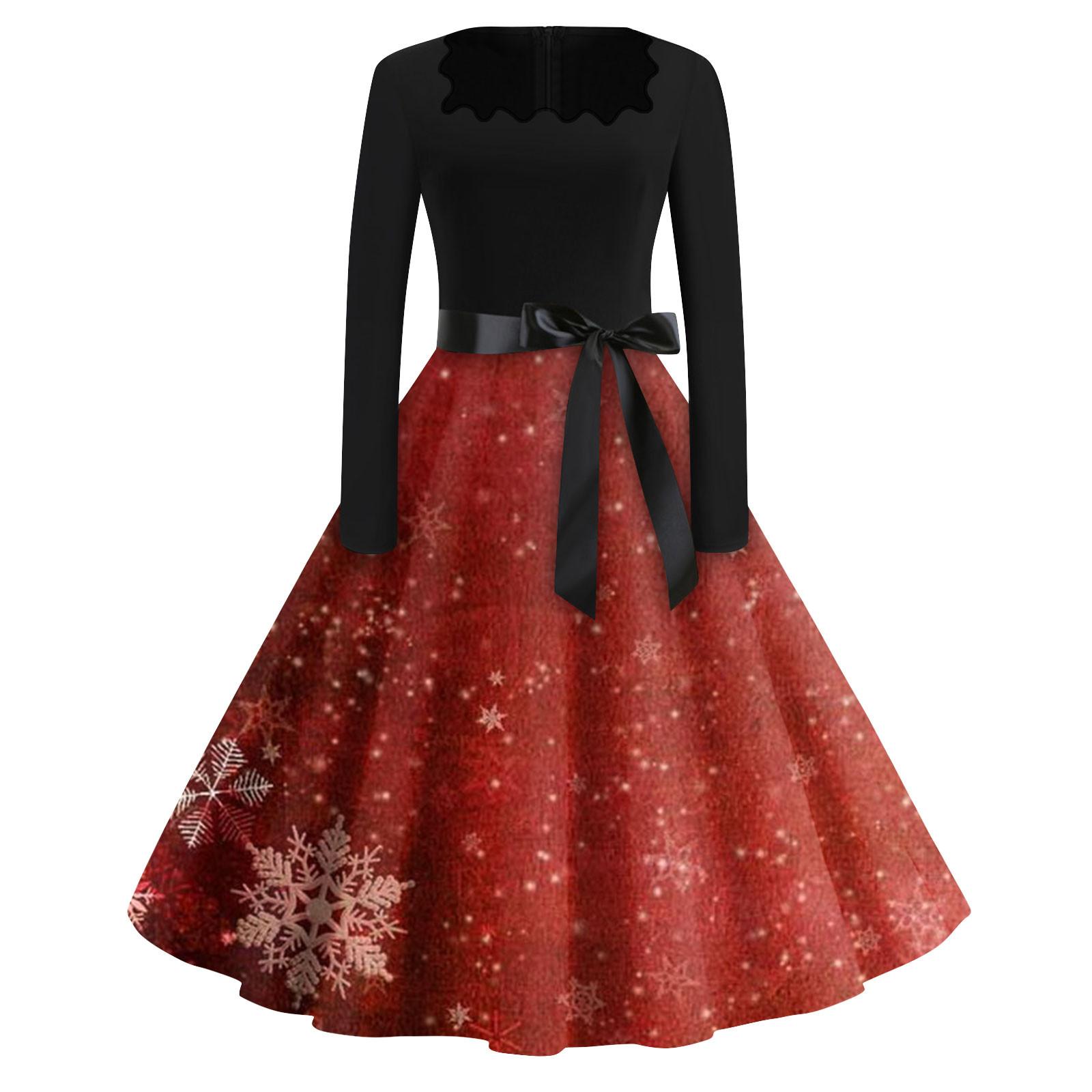 

Женская мода с квадратным вырезом, повседневные тонкие рождественские платья с длинным рукавом и принтом L винный