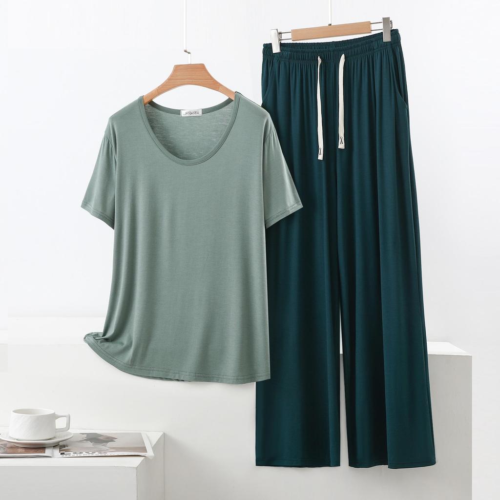 Set Pigiama Estivo da Donna in Modal - Manica Corta, Pantaloni Lunghi a Gamba Larga, Taglie Forti, Abbigliamento Casual e da Esterno