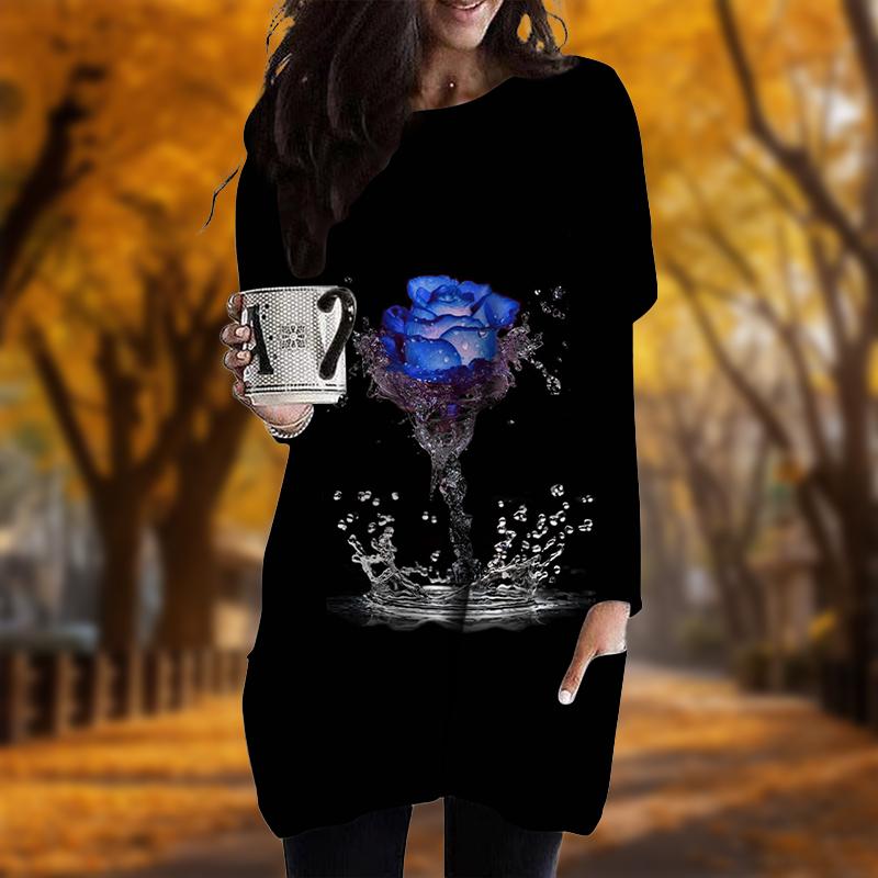 New In Autumn Water Rose Print Plus Size Dress Women O'neck Long Sleeves Casual Pocket Dresses