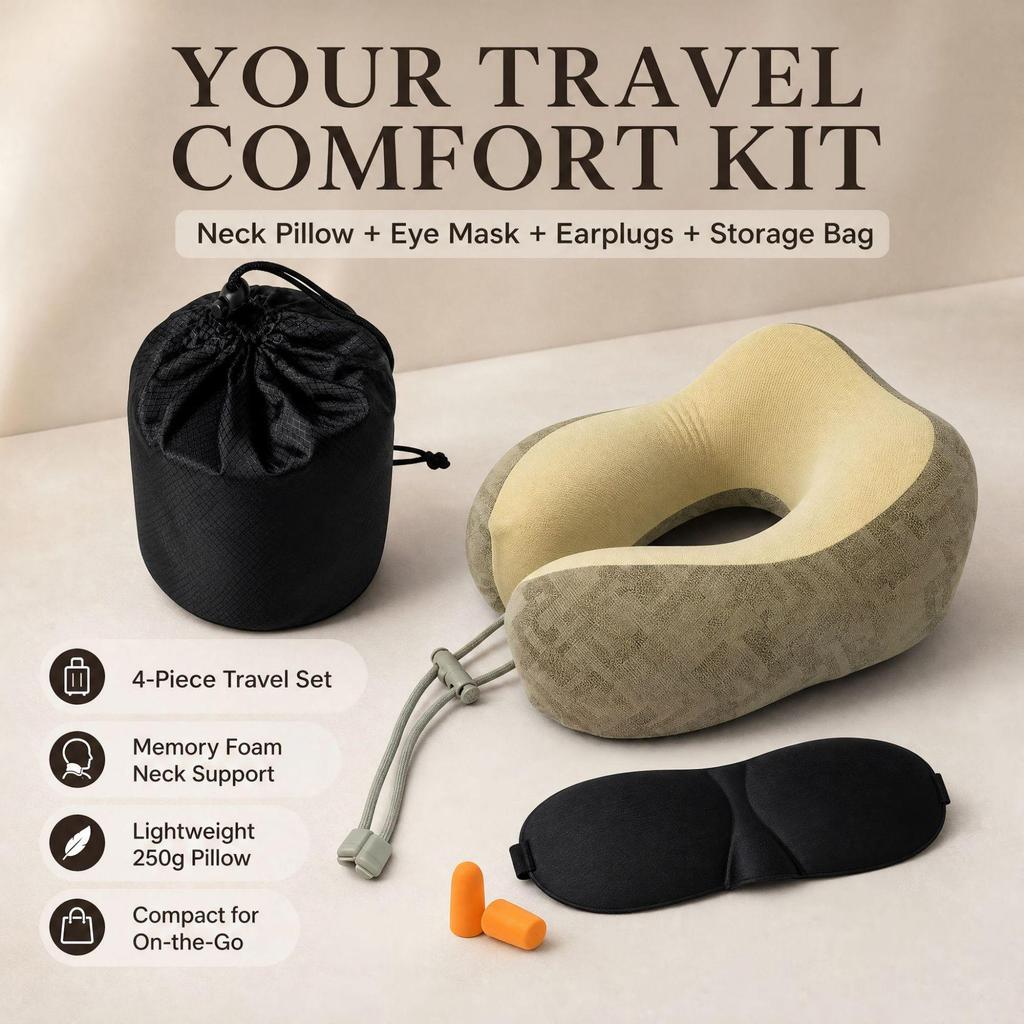 Portable Memory Foam U-Shaped Neck Pillow - Travel Sleep Support and Comfort