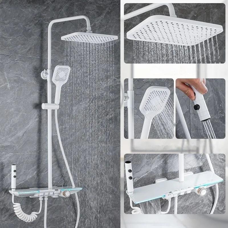 

Upgrade White Hot Cold Bathroom Shower Set with LED Display Piano Keys Bath Shower Rain Shower Faucet Bathroom Accessories Brass